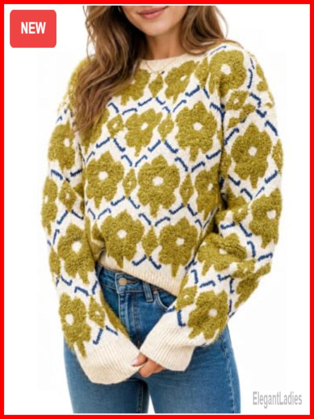 Oversized Chunky Knit Floral Sweater Crewneck Long Sleeve Pullover Knitwear